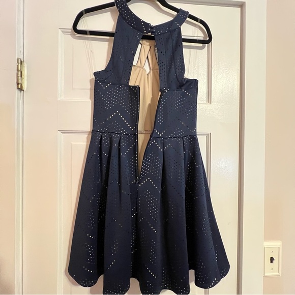 #61 CRYSTAL DOLL PERFORATED NAVY SKATER DRESS JUNIOR'S 5 - Picture 3 of 5